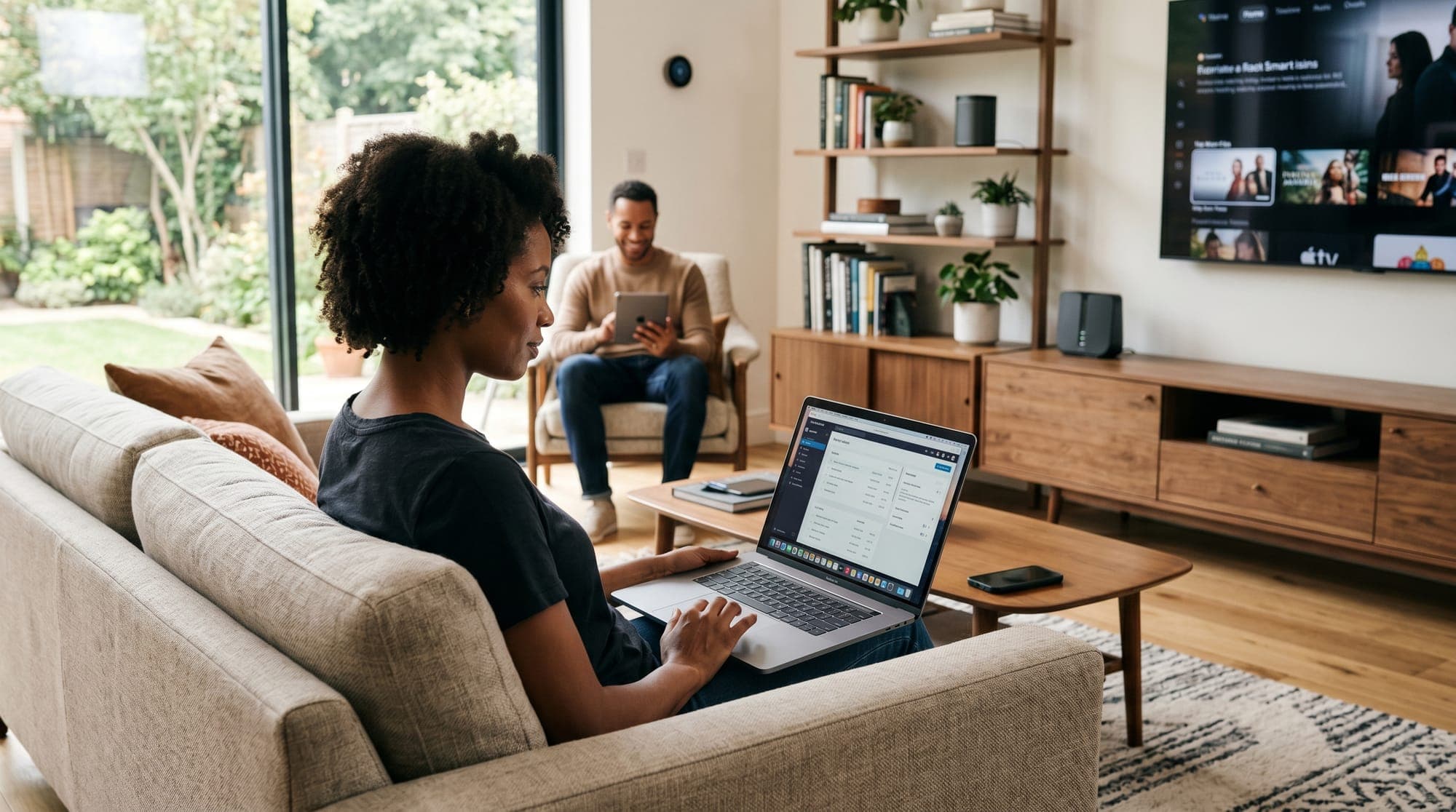 Two people using a laptop and tablet in a connected living room with a wall-mounted TV